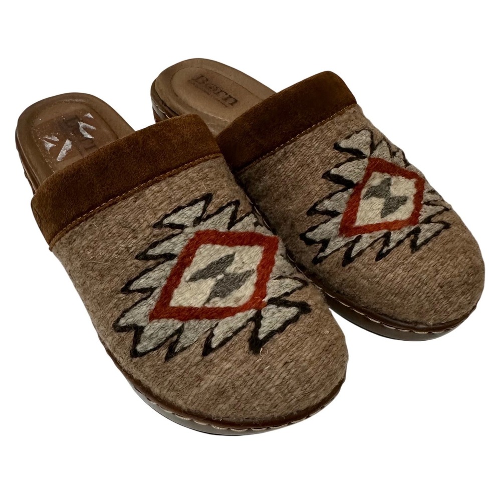 Born Womens Southwestern Woven Wool Clogs Suede Trim Studded Mules Brown 8/39